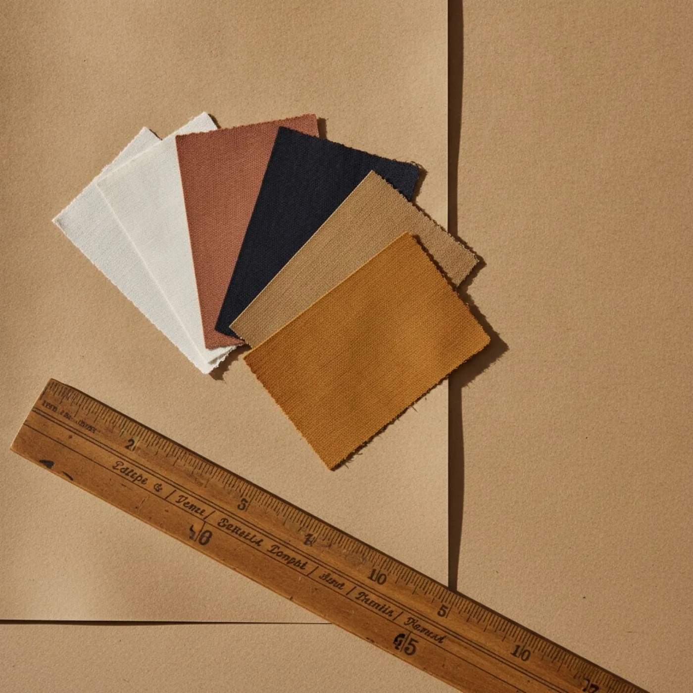 Fabric swatches fanned beside a ruler