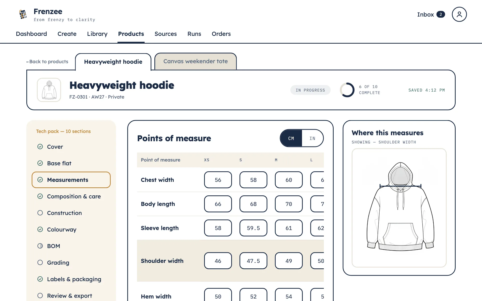 The product workspace concept screen